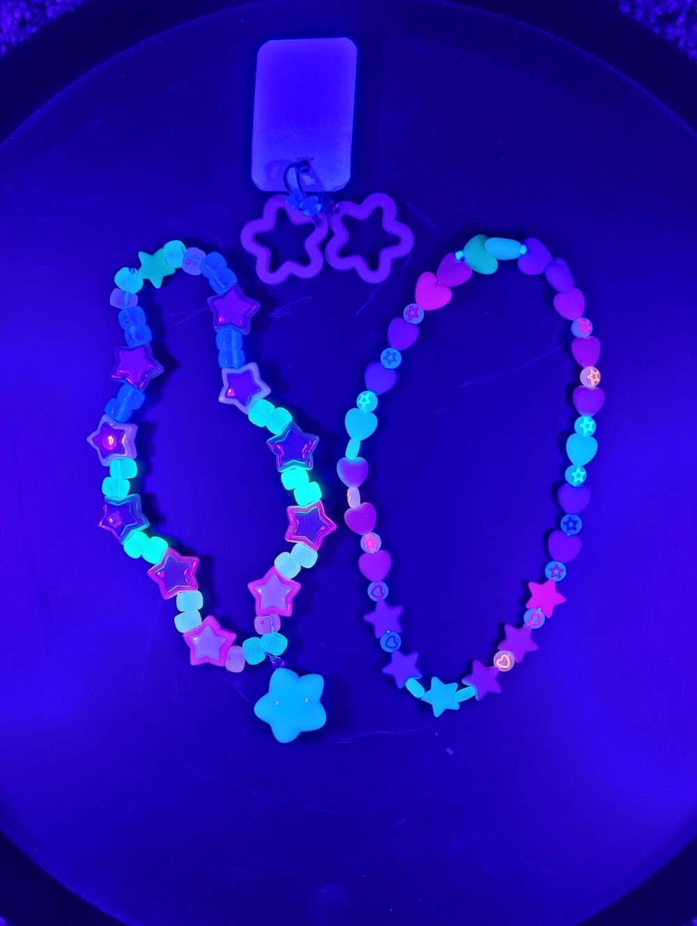 Rave glow Star 4pc choker double bracelet earrings (kandi Rainbow Brite)